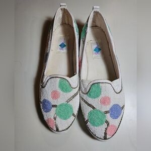 White and Green Floral Slip-On Flats